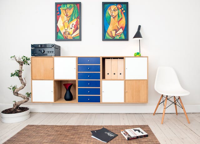 white interior with chairs and shelf